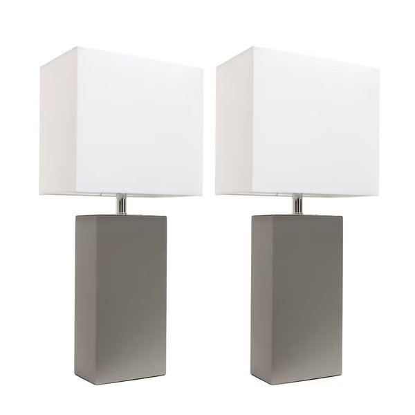 Modern Leather Table Lamps with White Fabric Shades, Gray, PK 2, Elegant Designs, Mfr#: LC2000-GRY-2PK